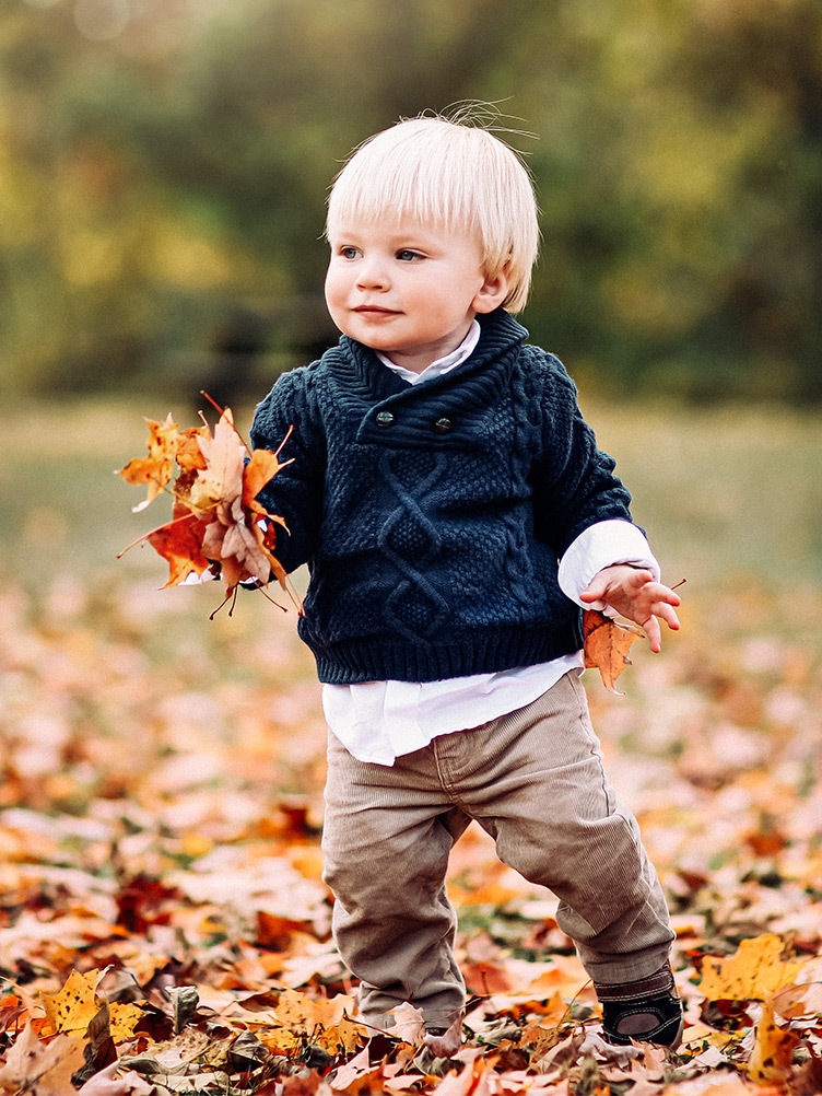 portrait of young boy with leaves taken by Philadelphia family photographer