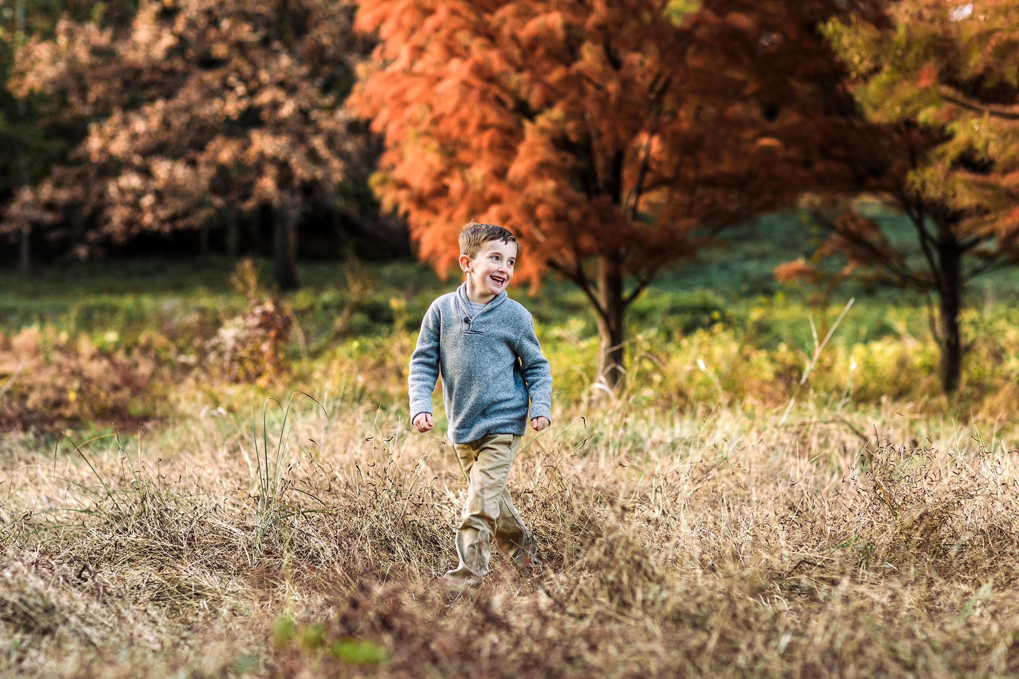 little boy walking through a fall field