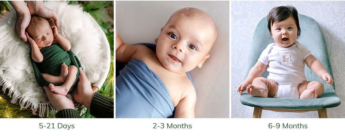photographs of babies at newborn, 2-3 months old, and 6-9 months old