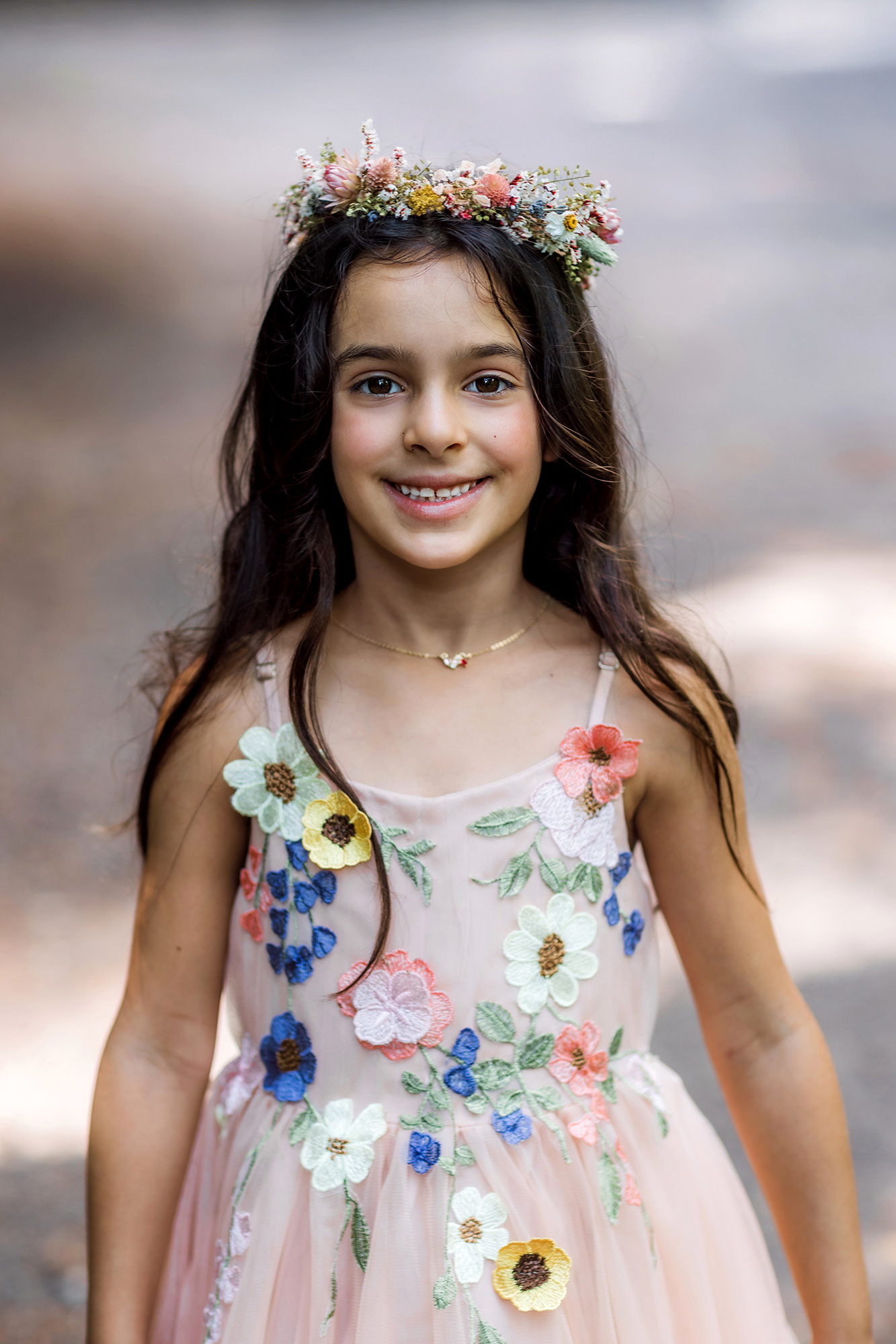 Smiling flower girl on forbidden drive