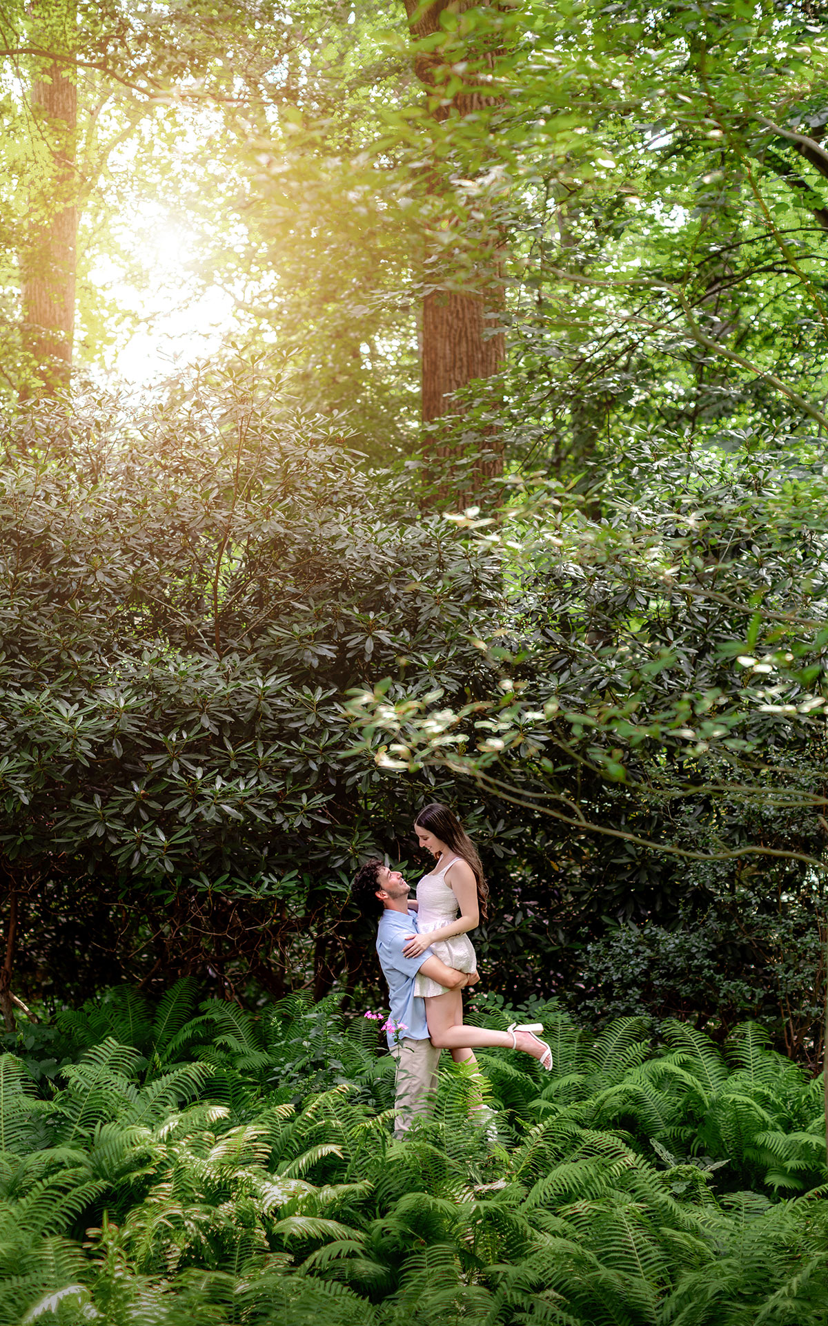 Engaged couple in a forest of ferns at Winterthur